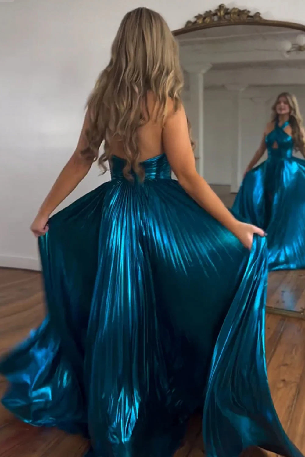 A-Line Halter Neck Peacock Blue Long Prom Dress With Split
